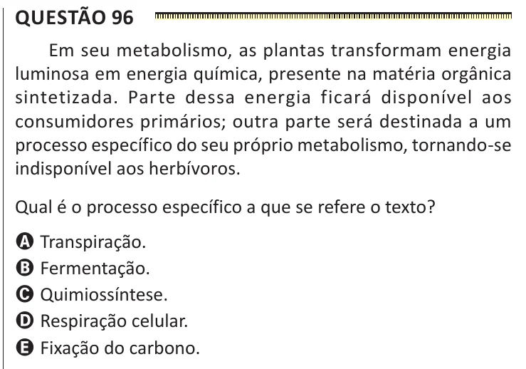 Questão 96 do ENEM 2025, segunda aplicação, como saiu no caderno de prova