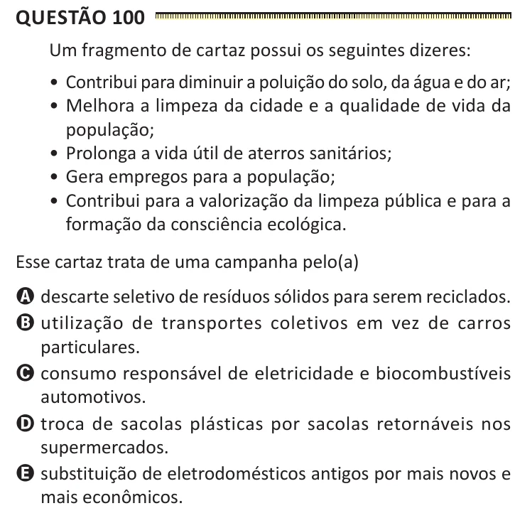 Questão 100 do ENEM 2025, segunda aplicação, como saiu no caderno de prova