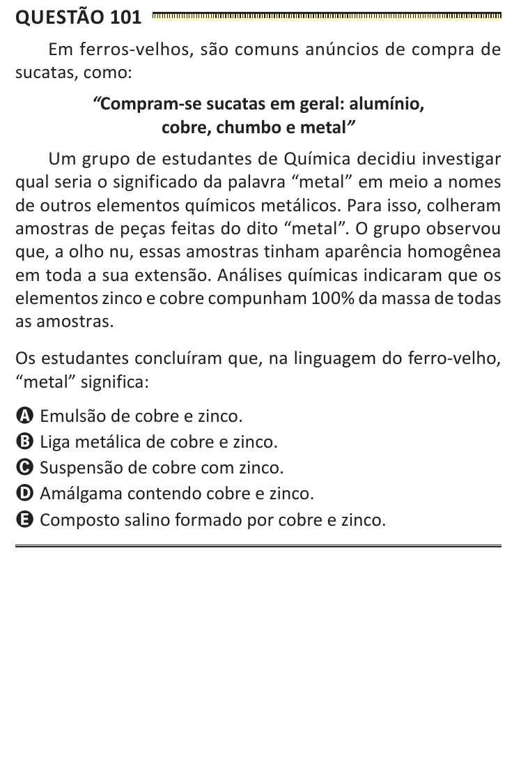 Questão 101 do ENEM 2025, segunda aplicação, como saiu no caderno de prova