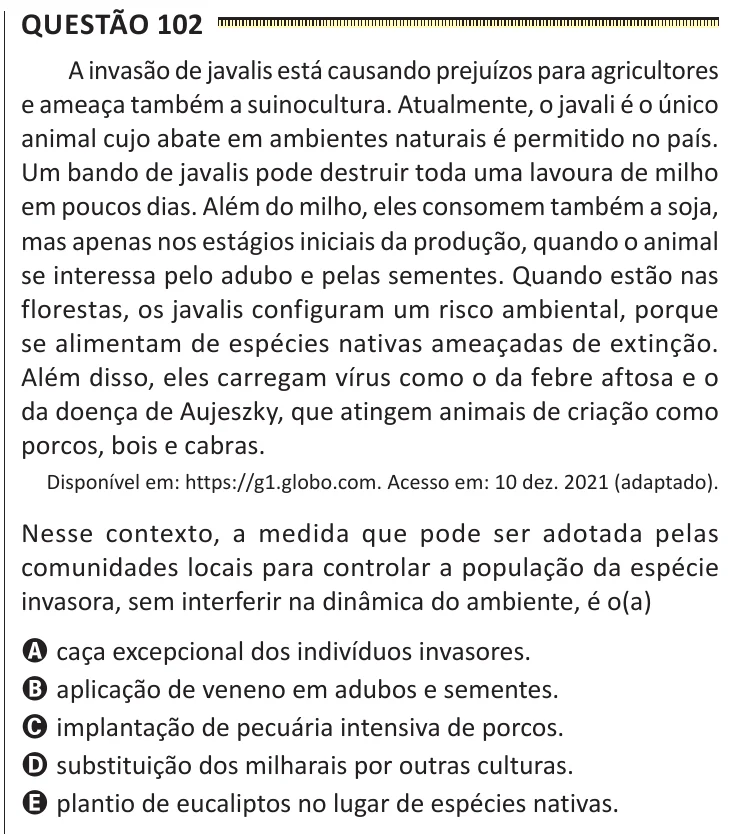 Questão 102 do ENEM 2025, segunda aplicação, como saiu no caderno de prova
