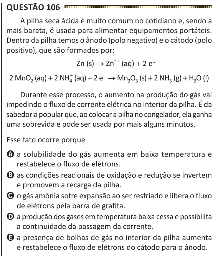 Questão 106 do ENEM 2025, segunda aplicação, como saiu no caderno de prova