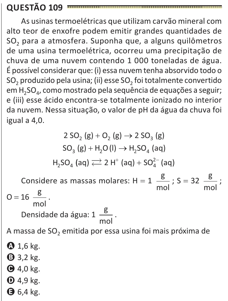 Questão 109 do ENEM 2025, segunda aplicação, como saiu no caderno de prova