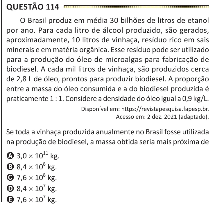 Questão 114 do ENEM 2025, segunda aplicação, como saiu no caderno de prova