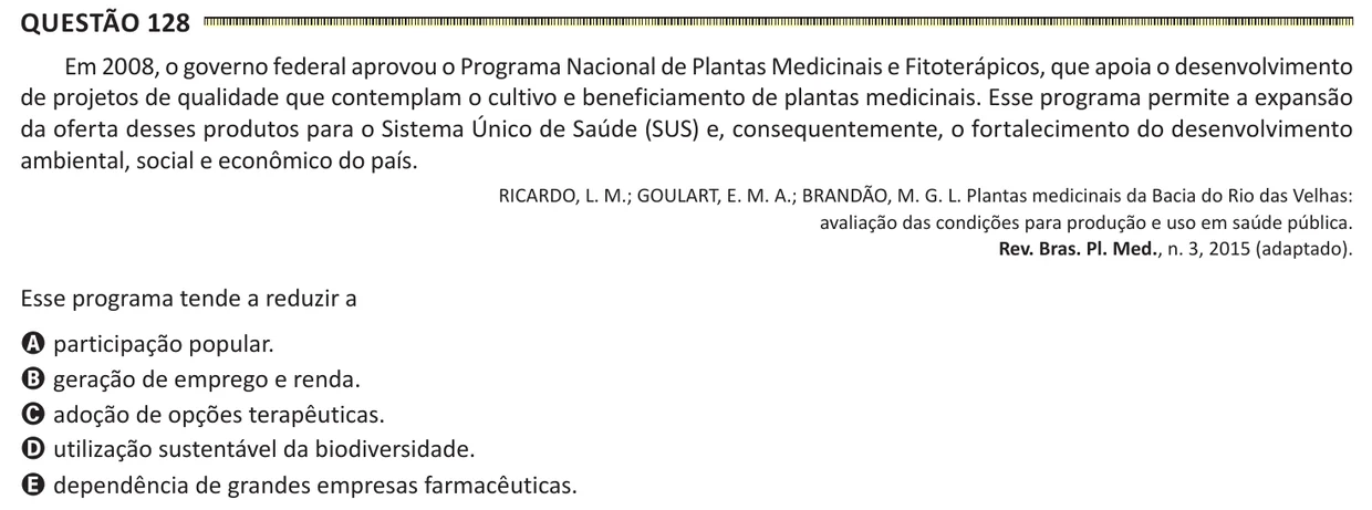 Questão 128 do ENEM 2025, segunda aplicação, como saiu no caderno de prova