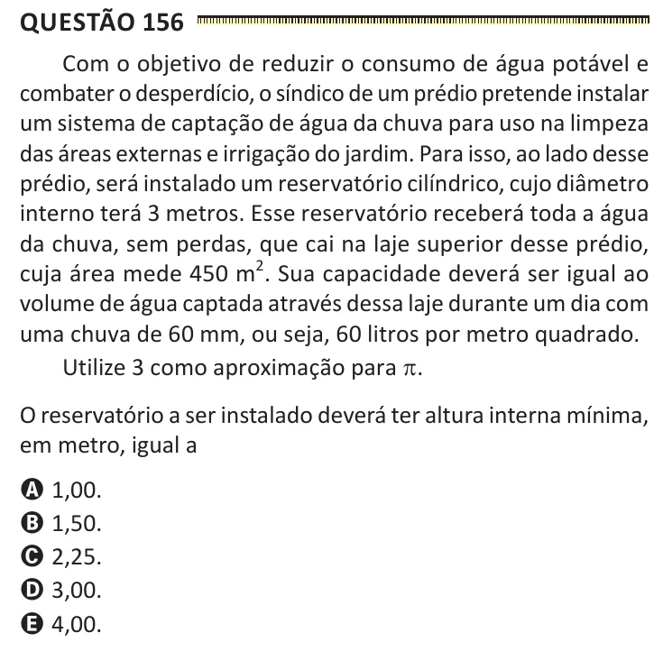 Questão 156 do ENEM 2025, segunda aplicação, como saiu no caderno de prova