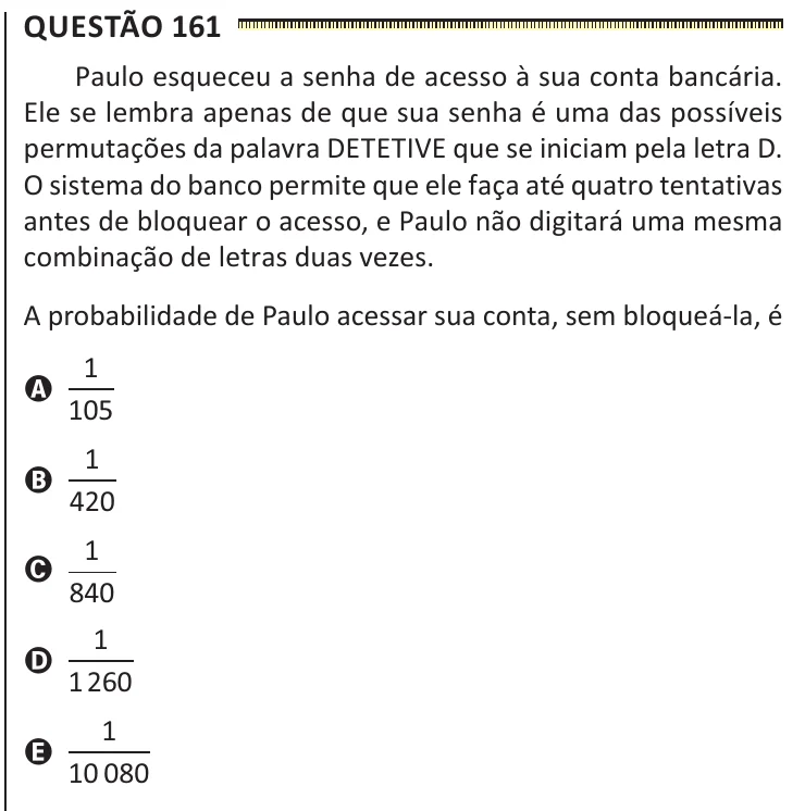 Questão 161 do ENEM 2025, segunda aplicação, como saiu no caderno de prova