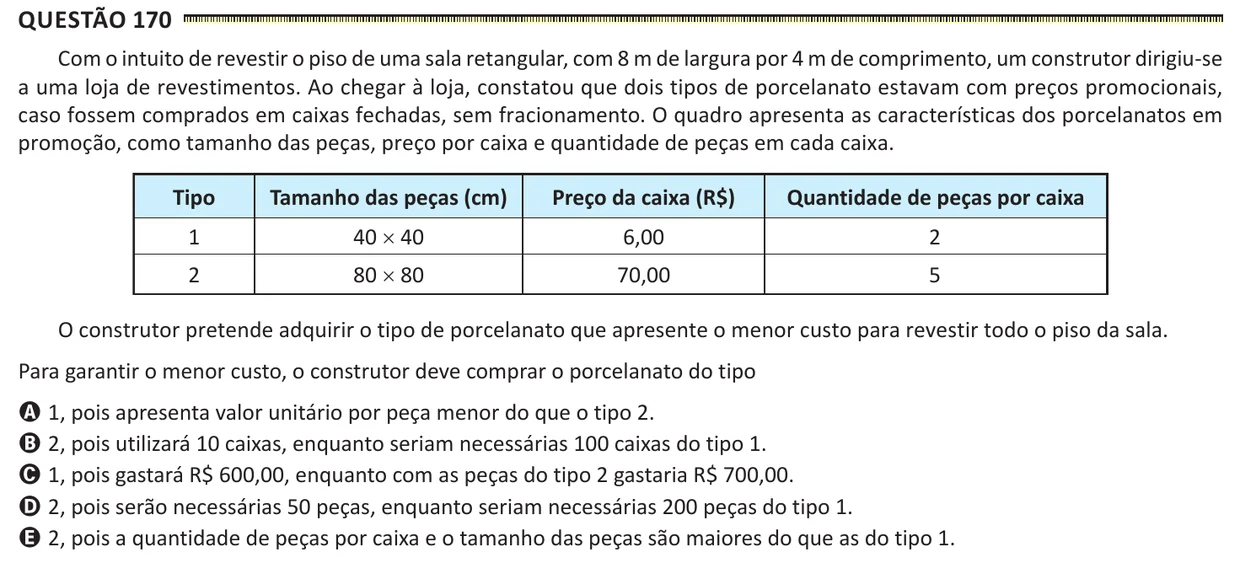 Questão 170 do ENEM 2025, segunda aplicação, como saiu no caderno de prova