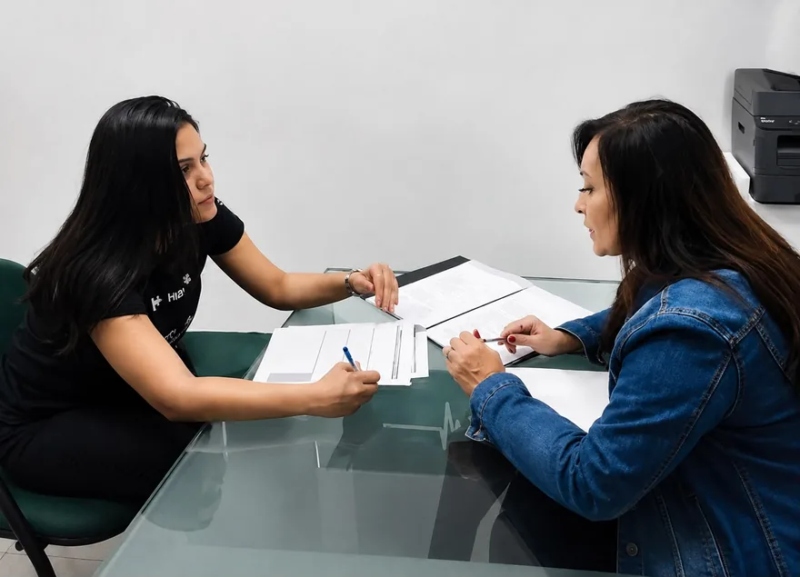 Tutora de Alta Performance do Hplus Med em atendimento individual a uma aluna